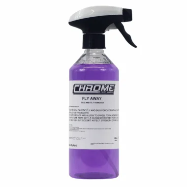 CHROME: Fly Away a purple spray bottle with a white label
