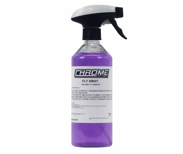 CHROME: Fly Away a purple spray bottle with a white label