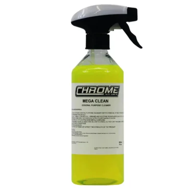 CHROME: Mega Clean (500ml) Description General Purpose Cleaner Mega Clean is a strong general purpose cleaner with a sweet lemon meringue fragrance for the removal of built in grime on both the interior and the exterior of the vehicle. Easily removes oil, grease and nicotine from plastics and vehicle head linings etc. It is great on UPVC frames and can also be used as a pre spray or through a pressure washer system. Keep away from leather and polished metal surfaces. Simply spray onto surface to be cleaned and allow to dwell but not dry then wipe away the dirt. Concentrated version available in 5L and 20L quantities which can be diluted from 4 parts up to 30 parts water. Colour may fade but does not affect the strength of the product. CHROME: Mega Clean (500ml) a spray bottle with yellow liquid