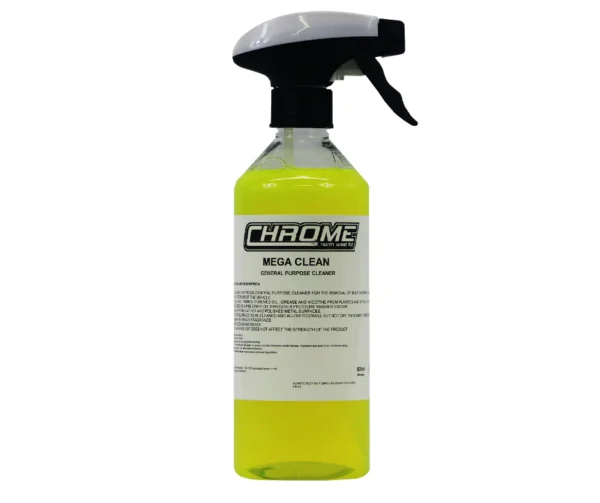 CHROME: Mega Clean (500ml) Description General Purpose Cleaner Mega Clean is a strong general purpose cleaner with a sweet lemon meringue fragrance for the removal of built in grime on both the interior and the exterior of the vehicle. Easily removes oil, grease and nicotine from plastics and vehicle head linings etc. It is great on UPVC frames and can also be used as a pre spray or through a pressure washer system. Keep away from leather and polished metal surfaces. Simply spray onto surface to be cleaned and allow to dwell but not dry then wipe away the dirt. Concentrated version available in 5L and 20L quantities which can be diluted from 4 parts up to 30 parts water. Colour may fade but does not affect the strength of the product. CHROME: Mega Clean (500ml) a spray bottle with yellow liquid