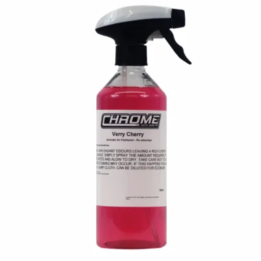 CHROME: Verry Cherry a pink spray bottle with a white label