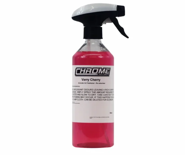 CHROME: Verry Cherry a pink spray bottle with a white label