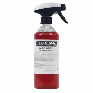 CHROME: Wheel Brite a red spray bottle with a white label
