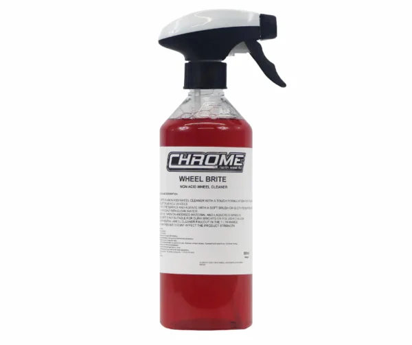 CHROME: Wheel Brite a red spray bottle with a white label